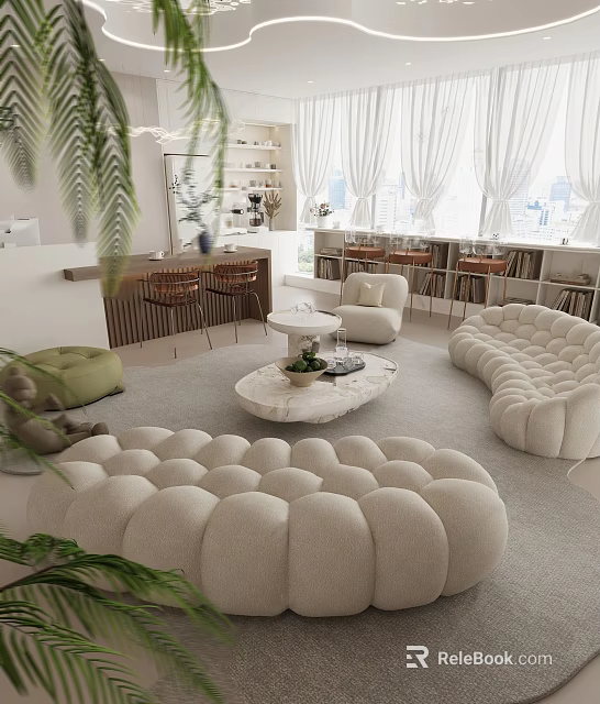 Cozy Modern Tea Room Interior With Comfy Tufted Sofa Marble Coffee Table Potted Plants Bar Counter And Windows 3d model 