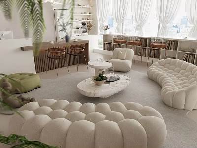 Cozy Modern Tea Room Interior With Comfy Tufted Sofa Marble Coffee Table Potted Plants Bar Counter And Windows 3d model