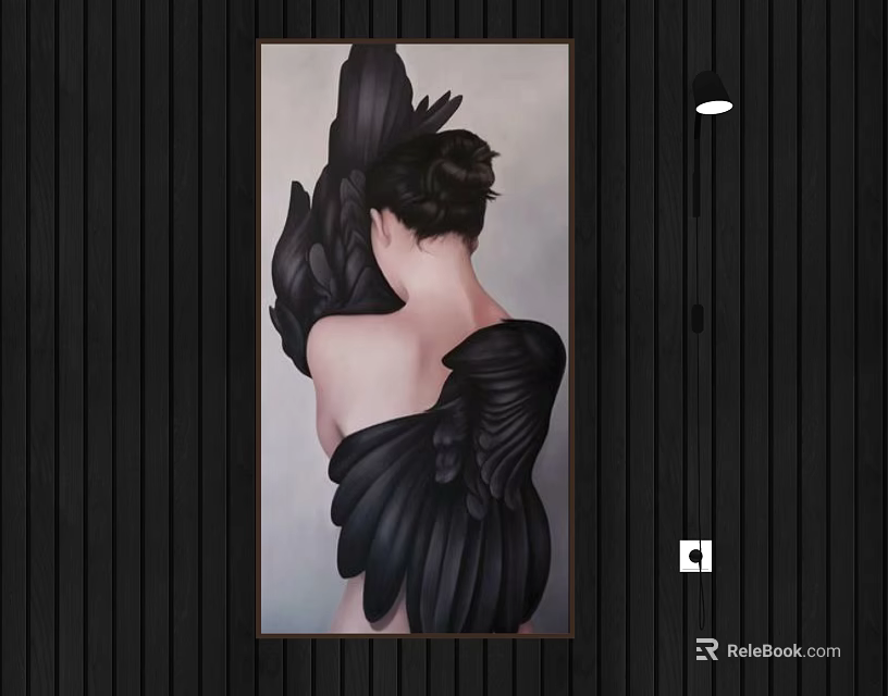 Back View Figure Painting of Woman with Black Wings on Dark Wooden Wall 3d model 