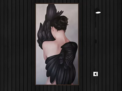 Back View Figure Painting of Woman with Black Wings on Dark Wooden Wall 3d model
