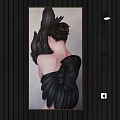 Back View Figure Painting of Woman with Black Wings on Dark Wooden Wall