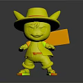 Yellow Creature Resembling Pikachu With Straw Hat Red Vest Blue Shorts And Yellow Board Standing