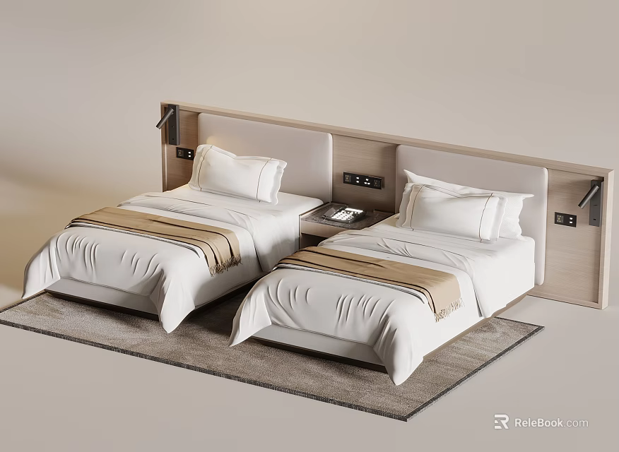 Modern Double Bed Bedroom Interior With White Bedding And Beige Headboard 3d model 