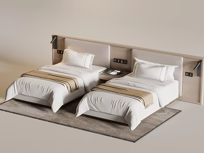 Modern Double Bed Bedroom Interior With White Bedding And Beige Headboard 3d model