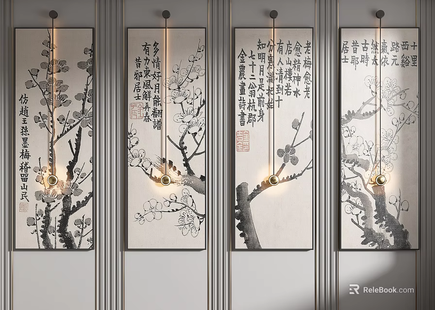 Chinese Style Plant Paintings With Plum Blossom Branches And Calligraphy Inscriptions On Wall 3d model 