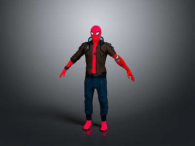 Spider Man Character With Red Mask Brown Jacket Blue Jeans And Red Gloves Shoes 3d model