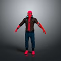 Spider Man Character With Red Mask Brown Jacket Blue Jeans And Red Gloves Shoes