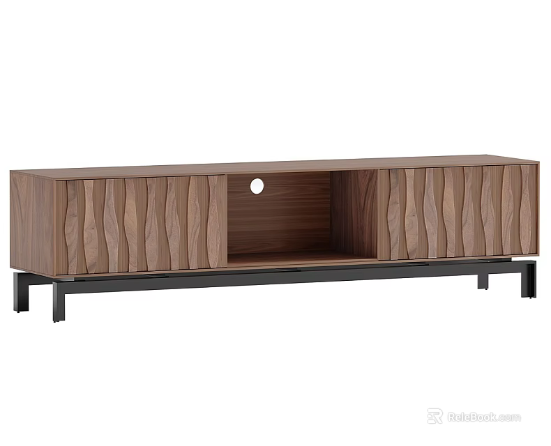 Modern Walnut TV Stand With Wavy Panels Round Hole Open Storage And Metal Legs 3d model 