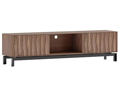 Modern Walnut TV Stand With Wavy Panels Round Hole Open Storage And Metal Legs 3d model