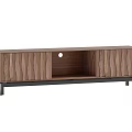 Modern Walnut TV Stand With Wavy Panels Round Hole Open Storage And Metal Legs