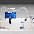Modern CCTV Exhibition Booth With Curved Structure Blue Screen And People Around