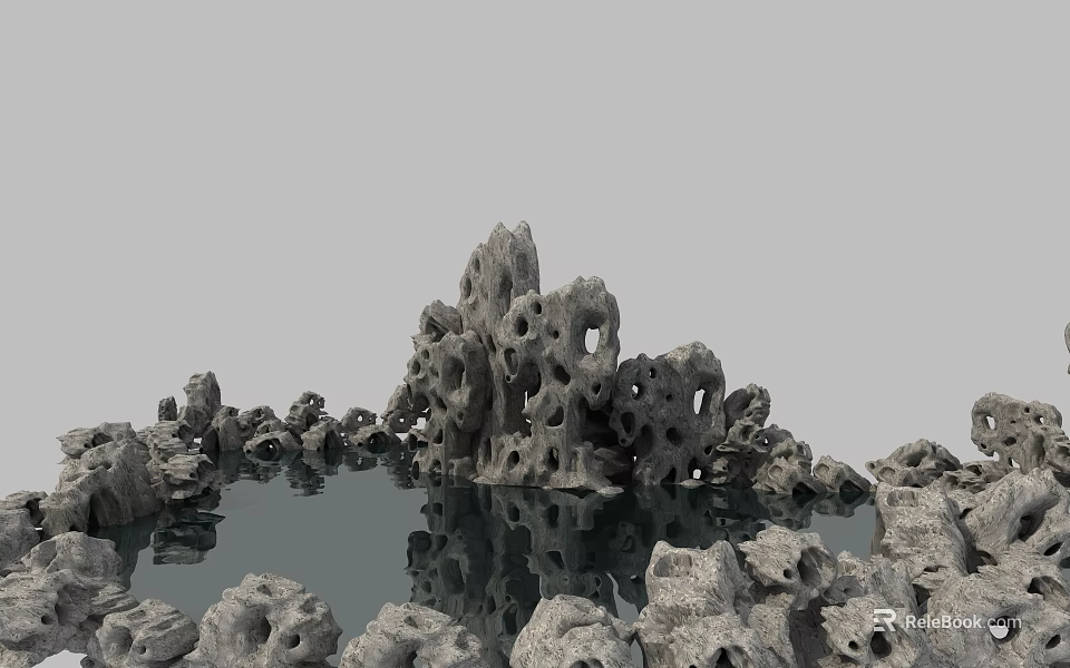 Natural Stone and Wooden Structures with Porous Shapes and Water Reflection in Pond 3d model 