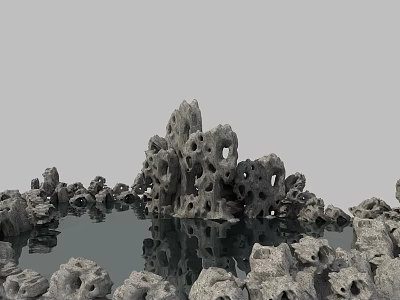 Natural Stone and Wooden Structures with Porous Shapes and Water Reflection in Pond 3d model