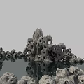Natural Stone and Wooden Structures with Porous Shapes and Water Reflection in Pond