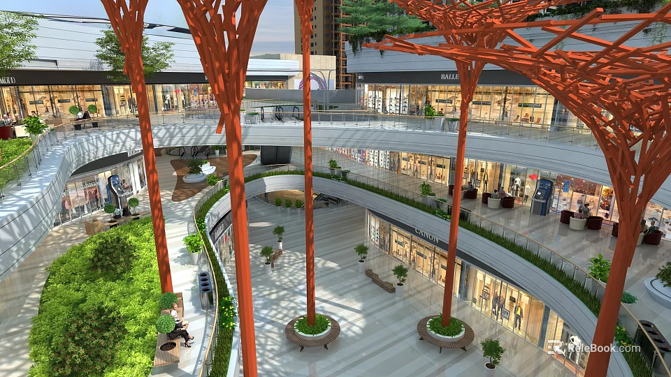 Vibrant Commercial Street With Orange Tree Like Structures Multi Level Shops And Green Plants 3d model 