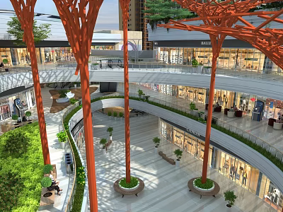 Vibrant Commercial Street With Orange Tree Like Structures Multi Level Shops And Green Plants 3d model