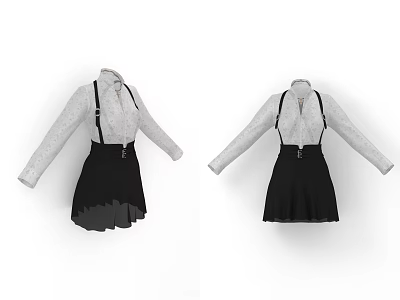 Gray Long Sleeve Top With Black Suspender Skirt Women's Fashion Outfit 3d model