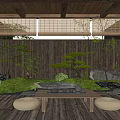 Tranquil Courtyard Garden With Wooden Ceiling Fence Lush Greenery Stones Tea Table And Floor Cushions