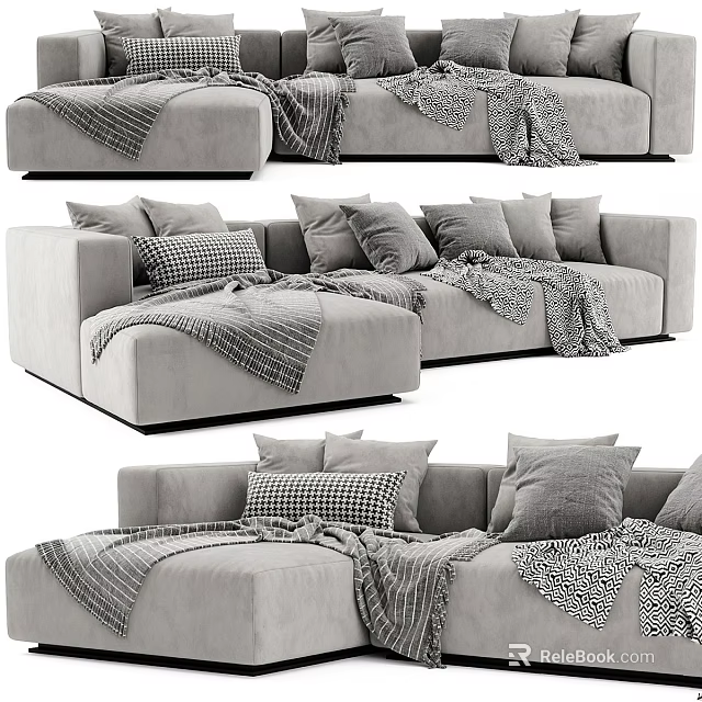 Cozy Gray Sofa Displayed In Multiple Angles With Pillows And Blankets 3d model