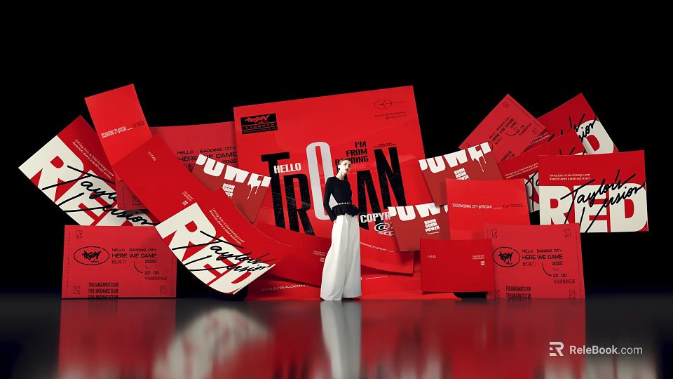 Striking Red Background Photo Spot With IRON Letters And Art Installation 3d model 