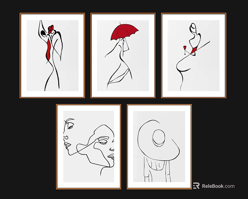 Abstract Paintings With Line Art Figures Red Accents And Framed Wall Decor 3d model 
