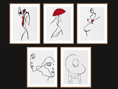 Abstract Paintings With Line Art Figures Red Accents And Framed Wall Decor 3d model