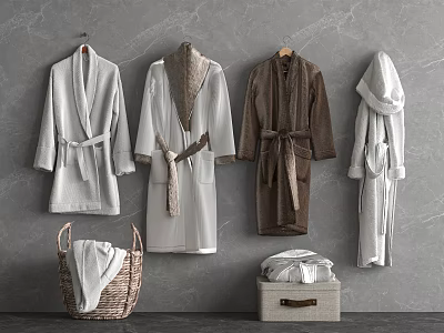 Different Colored Bath Robes Hanging On Gray Wall With Wicker Basket And Storage Box 3d model