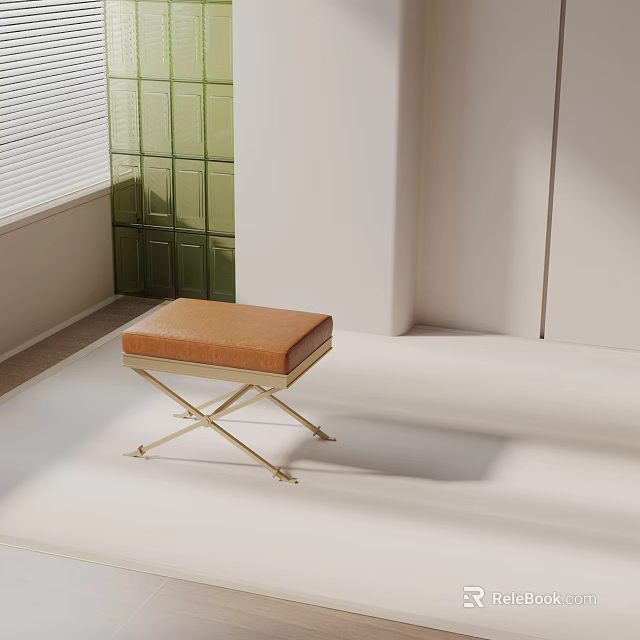 Modern Side Table With Brown Cushion And Golden Cross Legs In Bright Room 3d model 