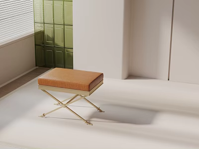Modern Side Table With Brown Cushion And Golden Cross Legs In Bright Room 3d model