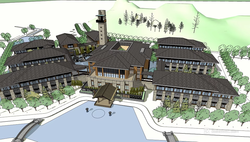 Traditional Chinese Hotel Building With Central Tower Courtyard And Waterfront Trees 3d model 