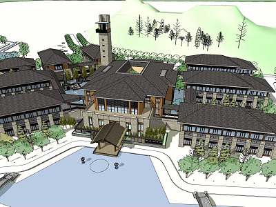 Traditional Chinese Hotel Building With Central Tower Courtyard And Waterfront Trees 3d model