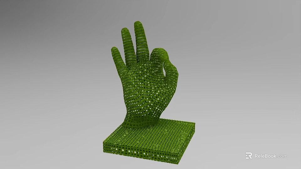 Green Granular OK Hand Gesture Sculpture Composed of Small Particles With Square Base 3d model 
