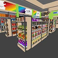 Modern Grocery Supermarket Interior With Cashier Counter Shelves Shampoo And Refrigerated Displays