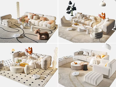 Modern Plush Sofa And Coffee Table Set For Cozy Living Room With Cushions And Rug 3d model