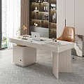 Elegant Modern Desk With Marble Top Laptop Gold Lamp Chair And Floor To Ceiling Window