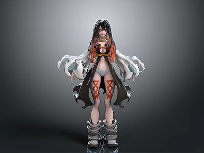Anime Woman with Long Black Hair Orange Black Outfit Red Leg Patterns and Boots 3d model