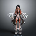 Anime Woman with Long Black Hair Orange Black Outfit Red Leg Patterns and Boots