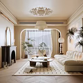 Elegant Modern Living Room Interior With Chandelier Sofa Fireplace Arched Window And Green Plants