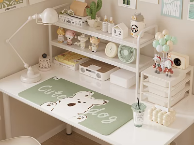 Cute Desk Decorative Ornaments Set With Figurines Lamp Mouse Pad And Storage Shelf 3d model