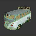 Classic Volkswagen Bus with White Body Yellow Windows and Roof Rack