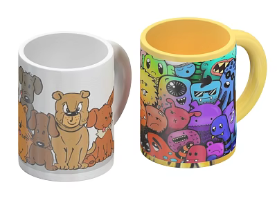 Two Mugs Featuring Adorable Dog Patterns And Colorful Monster Designs 3d model