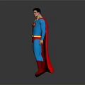 Male Superhero in Blue Costume with Red S Symbol Red Cape and Boots Standing on Gray Background