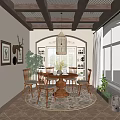 Rustic Restaurant Interior With Wooden Beamed Ceiling Rattan Pendant Light Dining Table And Green Plants