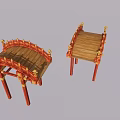 Two Traditional Chinese Wooden Bridges With Red Frames And Golden Decorations