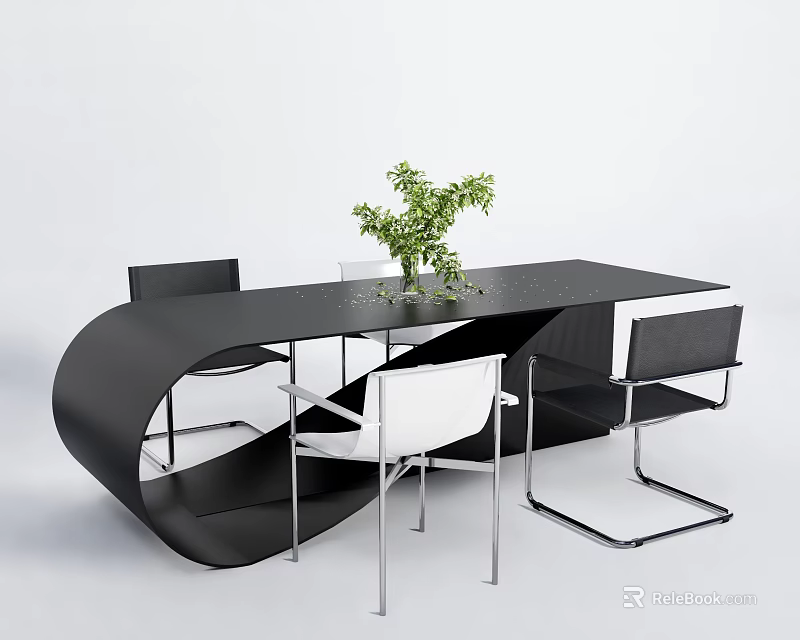 Modern Black Curved Table with White and Black Chairs and Green Plant Centerpiece 3d model 