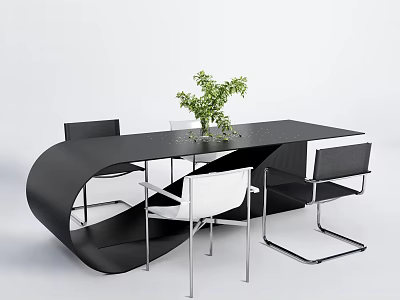 Modern Black Curved Table with White and Black Chairs and Green Plant Centerpiece 3d model