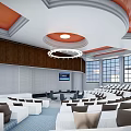 Spacious Modern Conference Room With Large Windows Circular Chandelier And White Seats