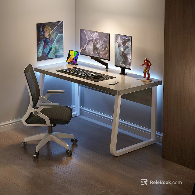 Gaming Office Desk With Dual Monitors Red Figurine Keyboard Mouse Lights And Ergonomic Chair 3d model 