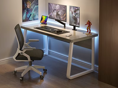 Gaming Office Desk With Dual Monitors Red Figurine Keyboard Mouse Lights And Ergonomic Chair 3d model