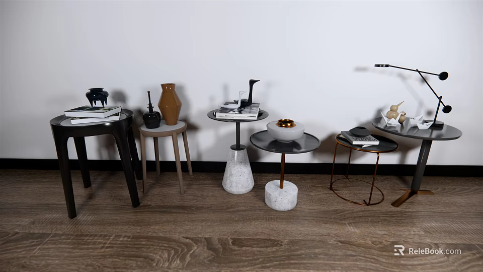Modern Round Side Tables With Diverse Bases And Decor Items In Interior Setting 3d model 
